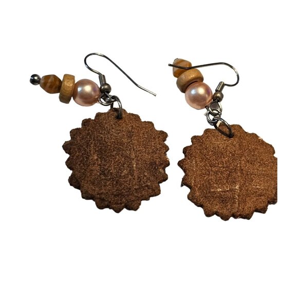 Handcrafted Leather Leaf Earrings With Pearl & Wooden Beads - Picture 5 of 6